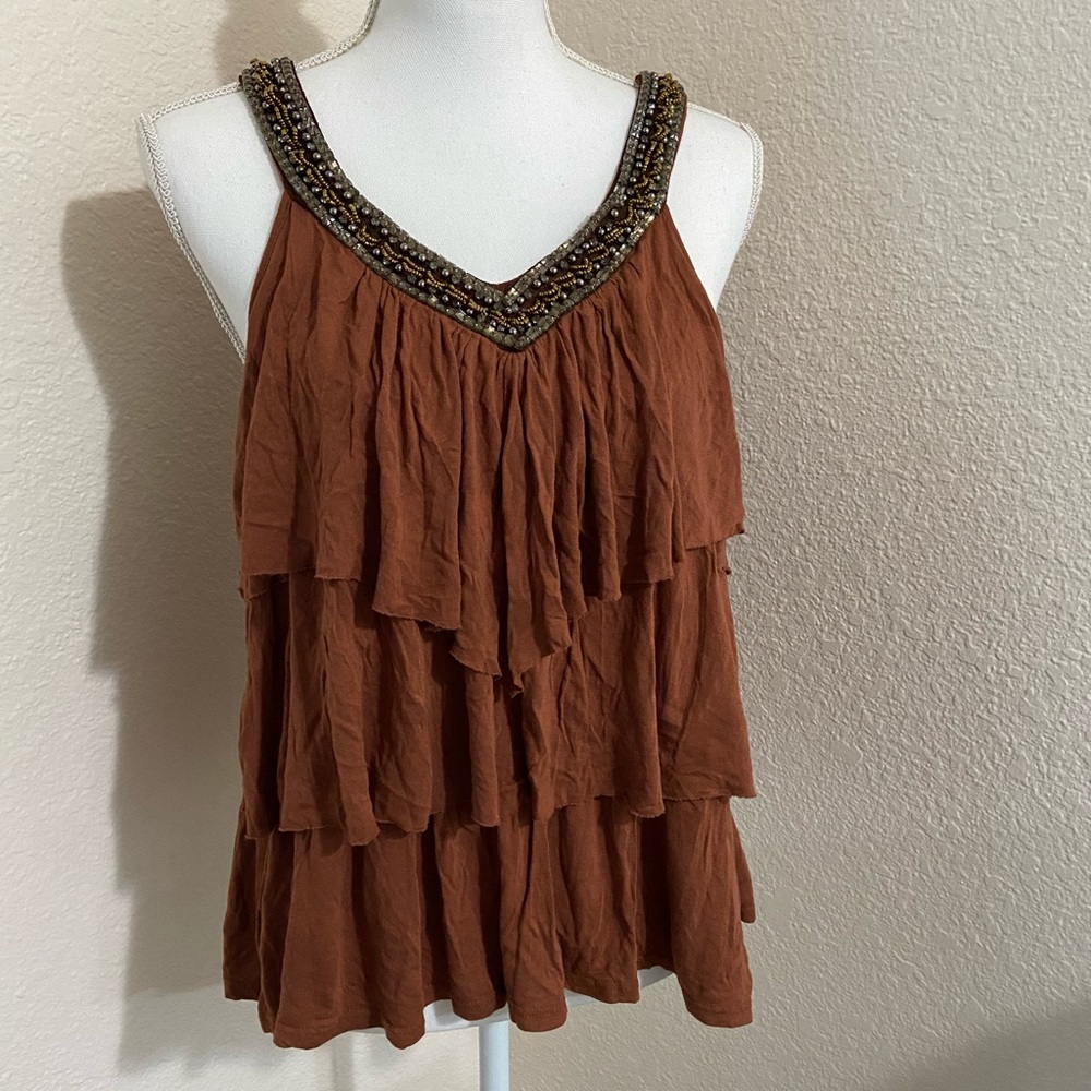 Embellished burnt orange v neck layered tank